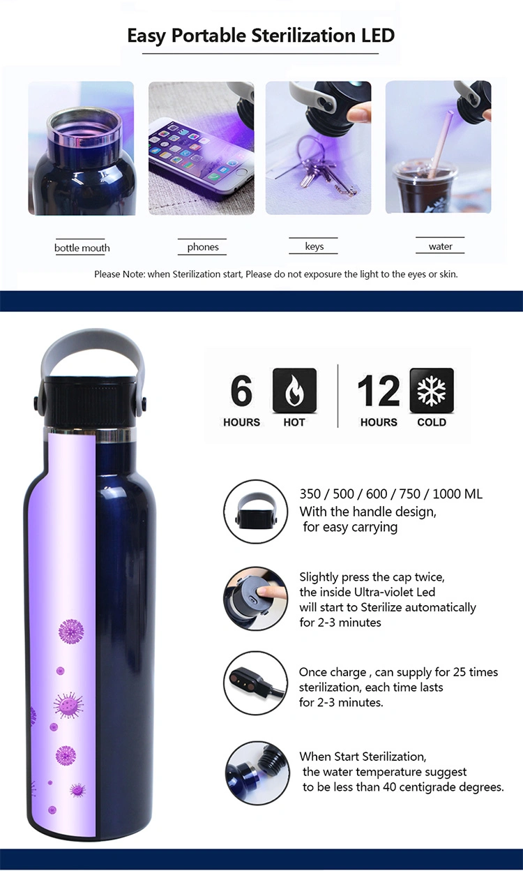 UV LED Sterilization Wide Mouth Double Wall Stainless Steel Vacuum Insulated Water Bottle Drinking Flask